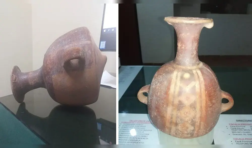 La cerámica hallada es muy similar al de un aríbalo inca, es de color rojo oscuro, con dibujos en la parte central y base cónica La cerámica hallada es muy similar al de un aríbalo inca, es de color rojo oscuro, con dibujos en la parte central y base cónica