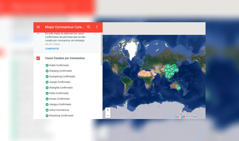 Google Maps tiene un mapa en ‘tiempo real’ con los casos de Coronavirus que han sido superados en el mundo