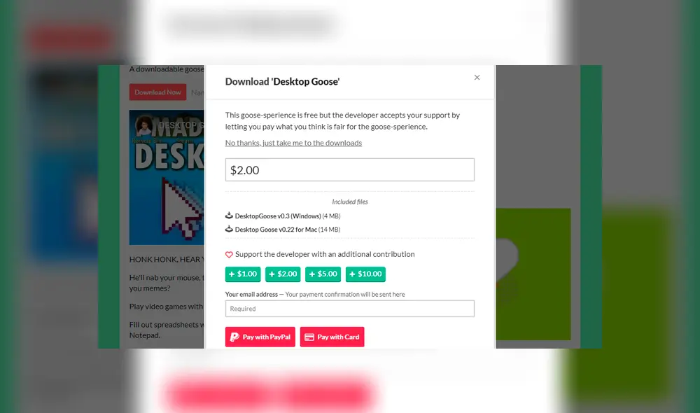 Donar al creador es opcional. Foto: Captura / Desktop Goose. Donar al creador es opcional. Foto: Captura / Desktop Goose.