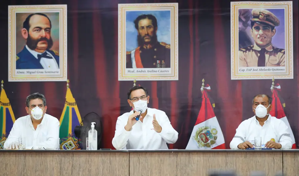 }Martín Vizcarra inspeccionó la región de Tumbes junto a los ministros Walter Martos, Víctor Zamora, y el titular del Congreso, Manuel Merino de Lama. Foto: Presidencia.