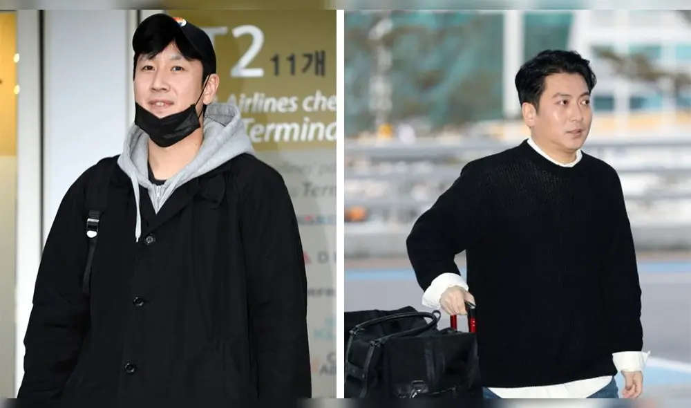 Lee Sun Kyun y Park Myung Hoon en el aeropuerto de Incheon.