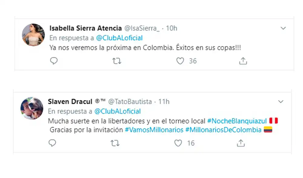 Alianza Lima: hinchas de Millonarios FC agradecen la invitación a la Noche Blanquiazul.