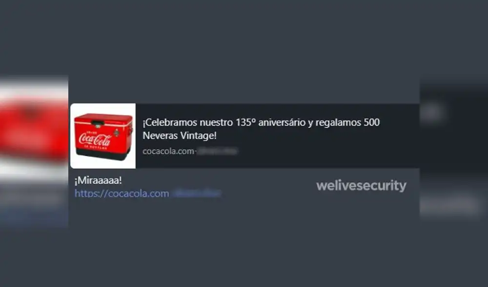 Falso mensaje de Coca Cola que circula en WhatsApp.