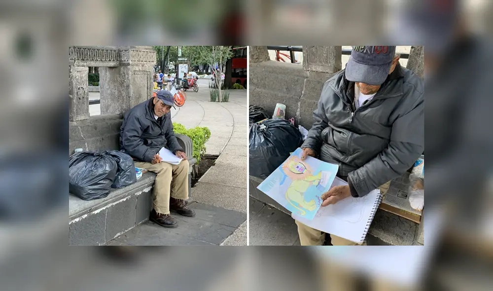 Un anciano sin hogar vende dibujos en la calle para sobrevivir. Foto: Twitter