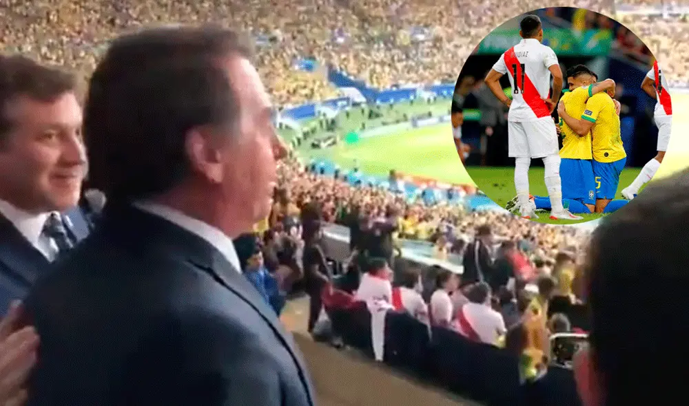 Jair Bolsonaro y Alejandro Domínguez se felicitaron tras el primer gol de Brasil vs. Perú.