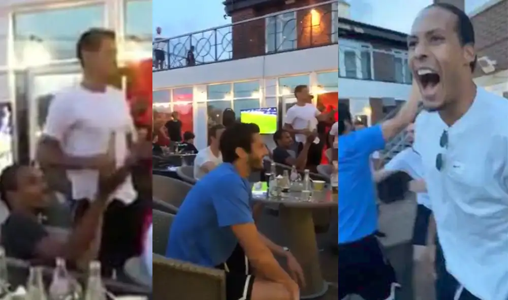 Los futbolistas del Liverpool se reunieron para ver el partido Chelsea vs. City. Tras el pitazo final, dieron rienda suelta a su alegría. Foto: Captura de pantalla.