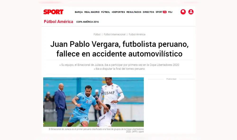 Juan Pablo Vegara: así informó la prensa internacional sobre la muerte del jugador de Binacional. Juan Pablo Vegara: así informó la prensa internacional sobre la muerte del jugador de Binacional.
