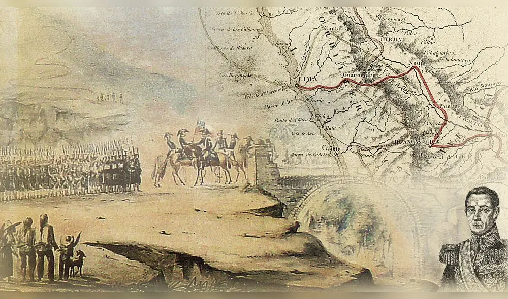 DESERTORES CON HONORES.
Acuarela atribuida a Bernardo O'Higgins, ilustra el histórico paso del batallón Numancia a filas patriotas. El teatro de operaciones estaba enmarcado entre Lima-Huaura Cerro de Pasco. Derecha, general realista Gerónimo Valdés.
Edición y coordinación: Marco Zileri. 
Fuente: Ilustración y mapa: Museo Nacional de Arqueología, Antropología e Historia del Perú