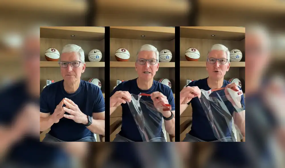 Tim Cook mostrando los protectores faciales fabricados por Apple. Tim Cook mostrando los protectores faciales fabricados por Apple.