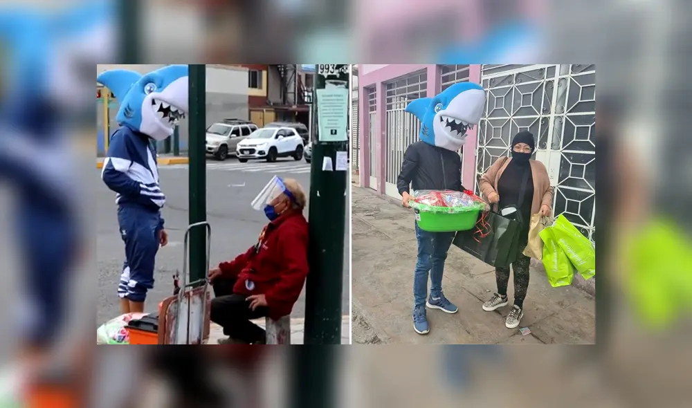 El joven, quien lleva la cabeza de un disfraz de tiburón, ayuda la gente que trabaja en la calle en plena pandemia. Foto: Tiburón Lima / Facebook El joven, quien lleva la cabeza de un disfraz de tiburón, ayuda la gente que trabaja en la calle en plena pandemia. Foto: Tiburón Lima / Facebook