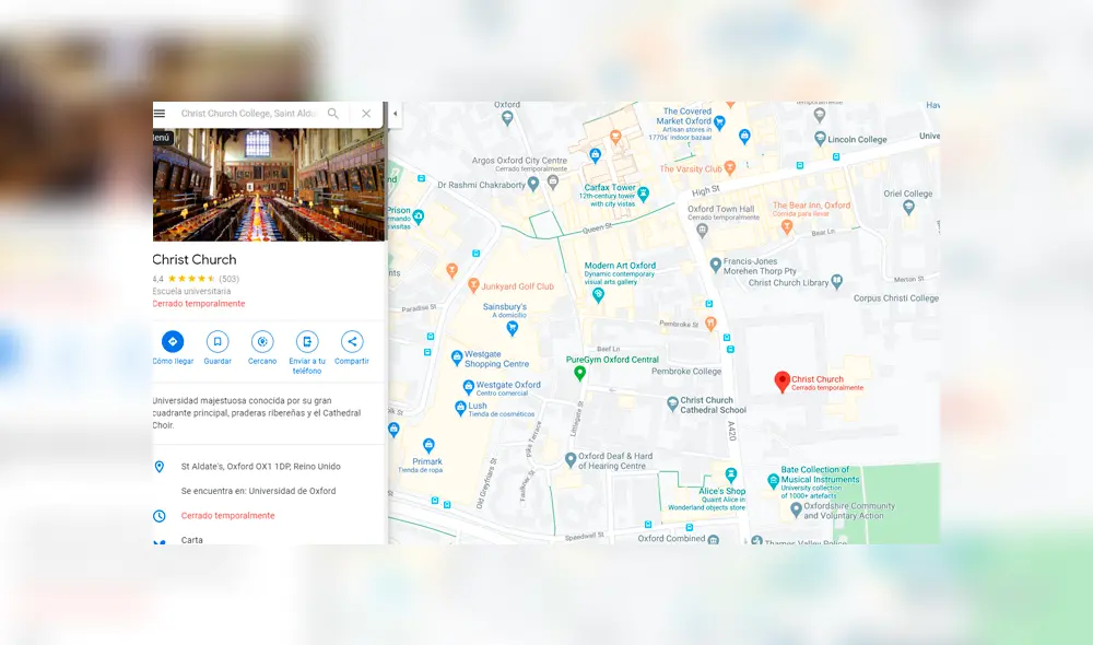 Desliza las imágenes para ver cómo luce realmente el ‘Gran comedor’ que aparece en las películas de Harry Potter. Foto: Google Maps