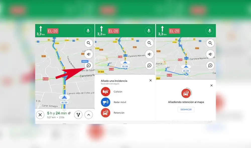 Tienes hasta tres opciones para avisar sobre una incidencia: una colisión, un radar móvil o una retención. Tienes hasta tres opciones para avisar sobre una incidencia: una colisión, un radar móvil o una retención.