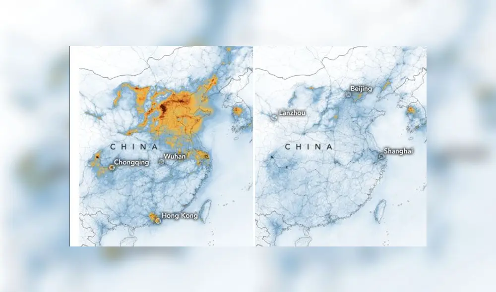 Niveles de contaminación en China en los meses de enero (primera imagen) y febrero (segunda imagen). Foto: NASA. Niveles de contaminación en China en los meses de enero (primera imagen) y febrero (segunda imagen). Foto: NASA.
