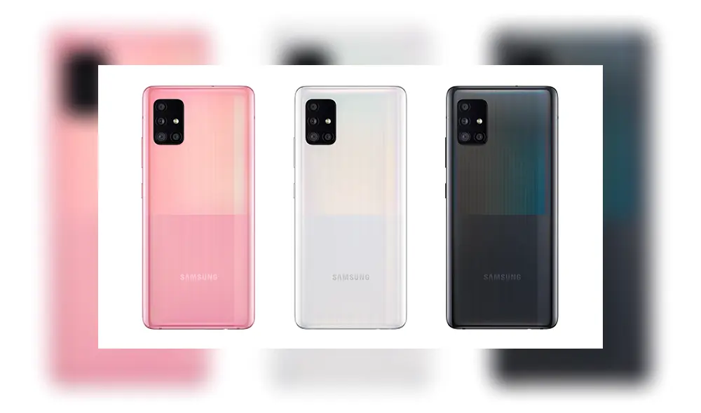 El Galaxy A51 5G se ofrecerá en color Prism Cube Black, Prism Cube White y Prism Cube Pink.