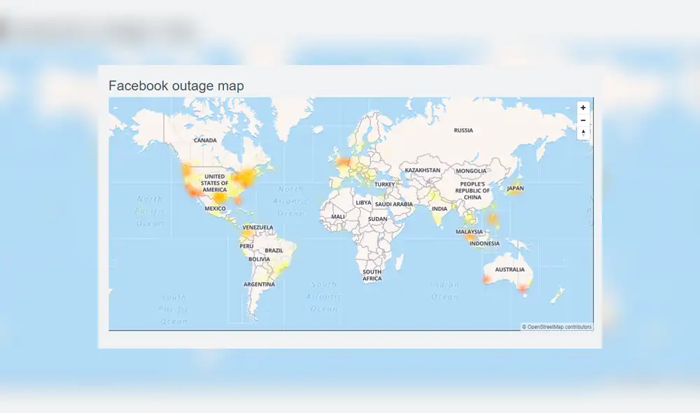 Países más afectados por la caída de Facebook. | Foto: DownDetector Países más afectados por la caída de Facebook. | Foto: DownDetector