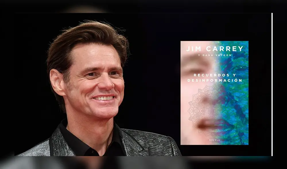 Actor Jim Carrey se estrenó como novelista. Junto a él, la  portada de su novela Recuerdos y desinformación.