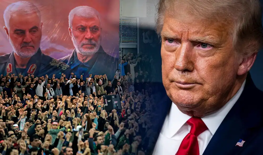 Pancarta del general de la Guardia Revolucionaria Iraní, Qassem Soleimani (izquierda), en enero del 2020, durante una manifestación contra el gobierno de Estados Unidos. Foto: composición / EFE