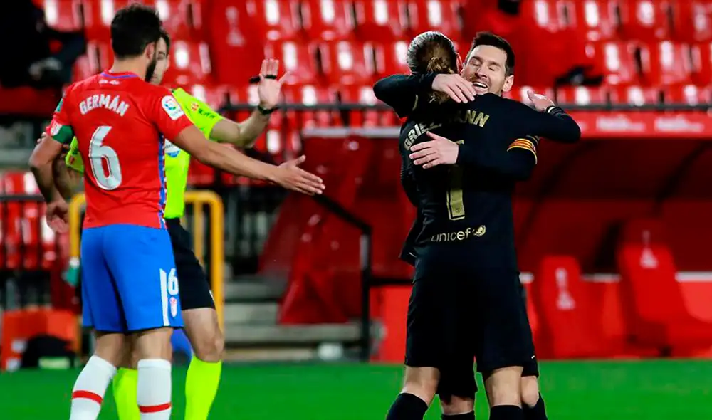 Messi y Griezmann se abrazan tras el doblete del capitán del Barcelona. Foto: EFE Messi y Griezmann se abrazan tras el doblete del capitán del Barcelona. Foto: EFE