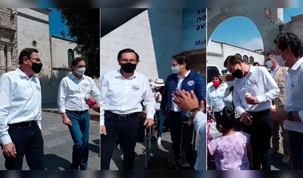 Vizcarra y Salaverry visitaron la plaza de Cayma donde se encontraron con simpatizantes de su partido. Foto: Captura video / Composición La República Vizcarra y Salaverry visitaron la plaza de Cayma donde se encontraron con simpatizantes de su partido. Foto: Captura video / Composición La República