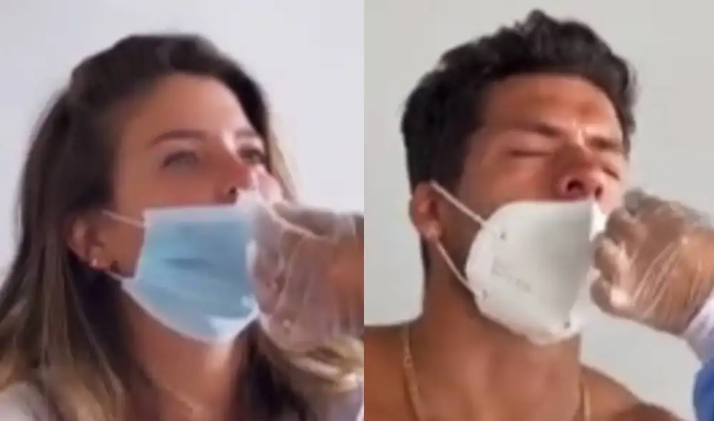 Flavia Laos y Patricio Parodi sometiéndose a la prueba de descarte del coronavirus. Foto: captura de América TV