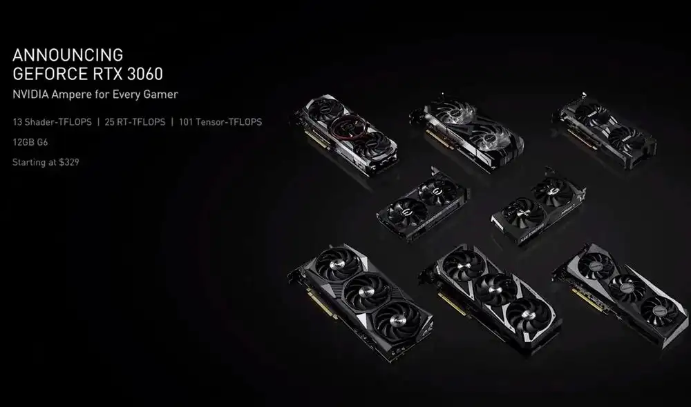 La tarjeta gráfica GeForce RTX 3060 costará 329 dólares y se pondrá a la venta a finales de febrero. Foto: NVIDIA