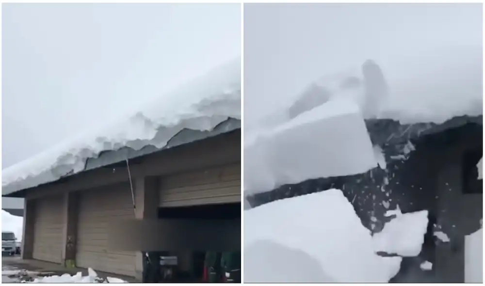Al caer, la nieve bloqueó la entrada del depósito. Foto: captura de YouTube.