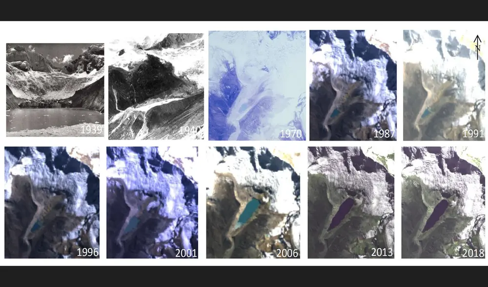 En estas fotos de diversos años se muestra cómo el lago Palpacocha creció mientras el glaciar seguía retrocediendo. Foto: Stuart-Smith et al./Nature Geoscience En estas fotos de diversos años se muestra cómo el lago Palpacocha creció mientras el glaciar seguía retrocediendo. Foto: Stuart-Smith et al./Nature Geoscience