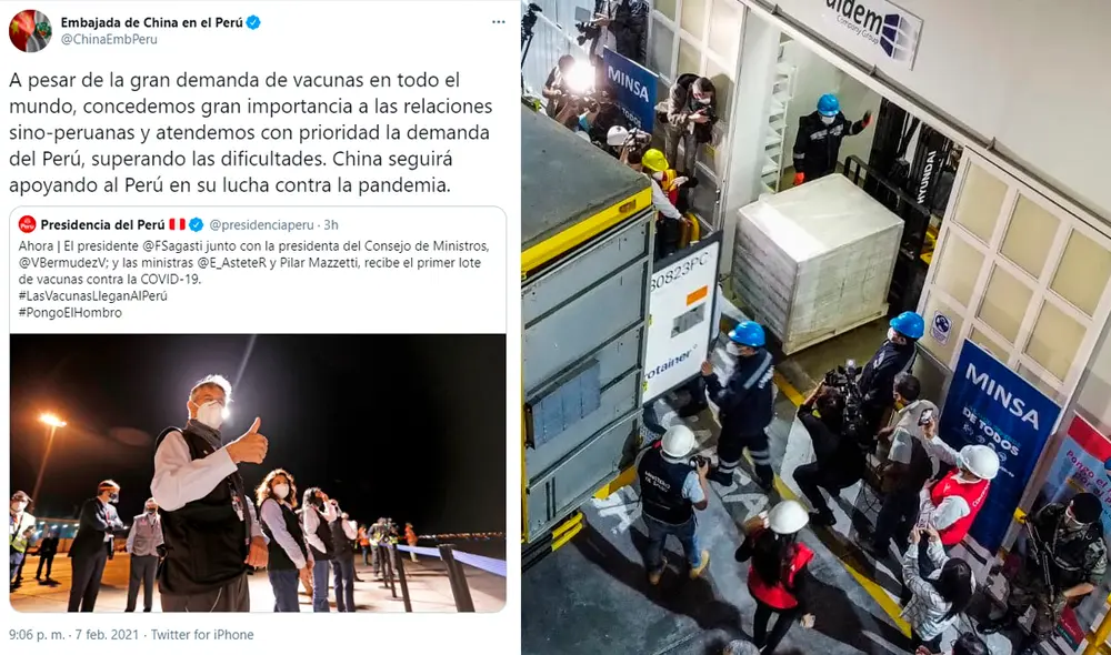 "China seguirá apoyando al Perú en su lucha contra la pandemia", señalaron desde la Embajada de China en Perú. Foto: Twitter "China seguirá apoyando al Perú en su lucha contra la pandemia", señalaron desde la Embajada de China en Perú. Foto: Twitter