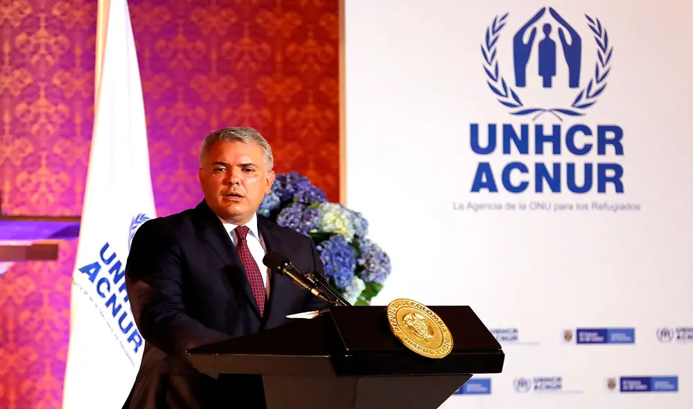 El presidente de Colombia, Iván Duque, estuvo acompañado del alto comisionado de las Naciones Unidas para los Refugiados, Filippo Grandi, en Bogotá. Foto: EFE