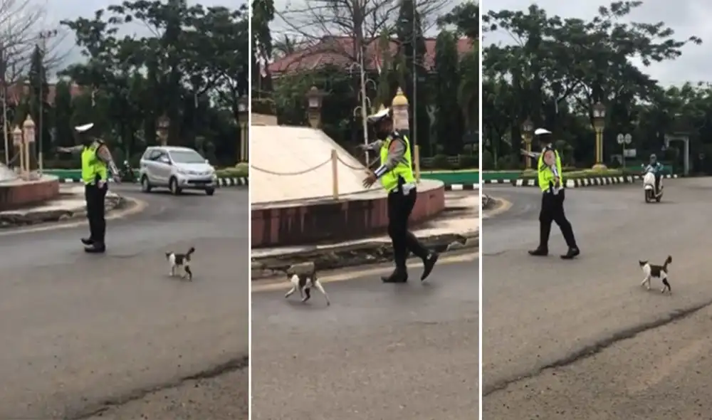 Un transeúnte se percató del hecho y grabó el noble acto del oficial que se hizo viral en redes. Foto: captura de YouTube Un transeúnte se percató del hecho y grabó el noble acto del oficial que se hizo viral en redes. Foto: captura de YouTube