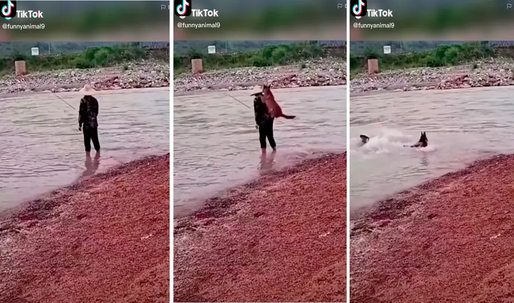 El hombre no imaginó que una tranquila tarde de pesca lo dejaría empapado por completo. Foto: captura de TikTok