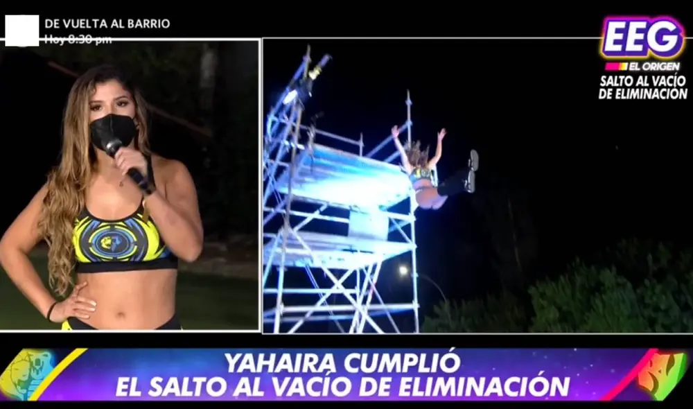 Yahaira Plasencia dudó en un primer momento sobre completar el temido reto pero, tras escuchar el aliento de Yako Eskenazi y Johanna San Miguel, decidió lanzarse al vacío. Foto: captura América Televisión