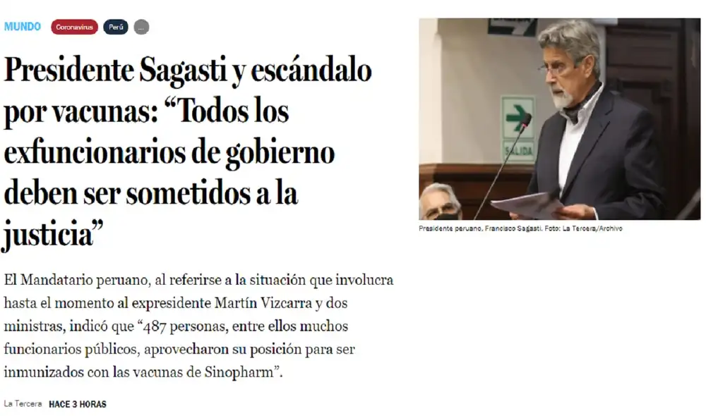 En Chile también se hicieron eco del Vacunagate que involucra al expresidente Martín Vizcarra y salpica al gabinete del actual mandatario, Francisco Sagasti. Foto: captura de pantalla