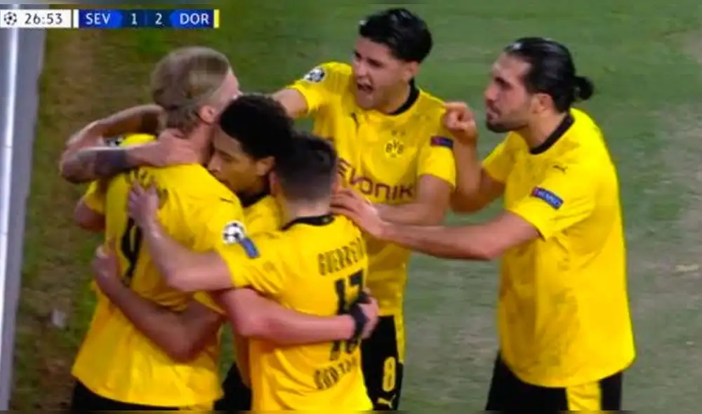 Erling Haalanda anotó el segundo del Borussia y llegó a siete goles en la Champions League. Foto: captura/ESPN Erling Haalanda anotó el segundo del Borussia y llegó a siete goles en la Champions League. Foto: captura/ESPN