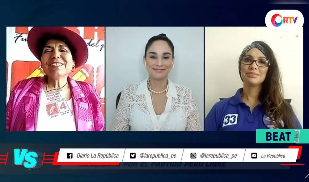 Martina Portocarrero del partido Perú Libre y Patricia Cabrera de Avanza País debaten en #VersusElectoral. Foto: captura/RTV