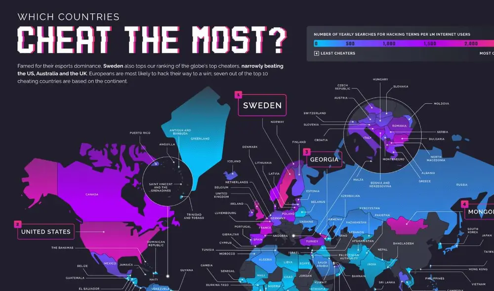 La lista señala qué tipo de cheats son más comunes, en qué juegos se utilizan y de qué parte del mundo provienen en su mayoría. Foto: Surfshark La lista señala qué tipo de cheats son más comunes, en qué juegos se utilizan y de qué parte del mundo provienen en su mayoría. Foto: Surfshark