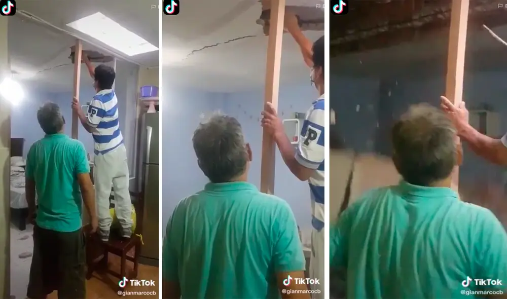 El techo presentaba rajaduras y terminó cayéndose sobre las camas del dormitorio. Foto: captura de TikTok