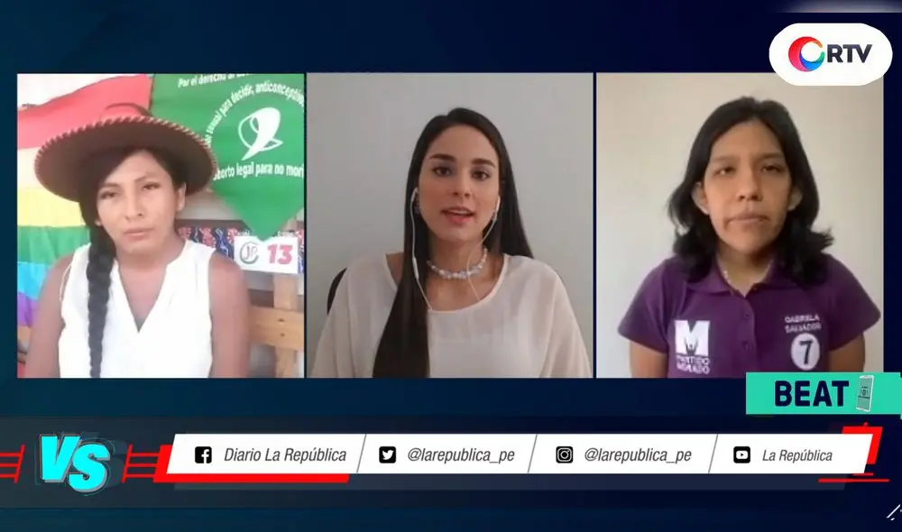Debate entre Gabriela Salvador del Partido Morado y Gahela Cari Contreras de Juntos por el Perú en #VersusElectoral. Foto: captura/RTV