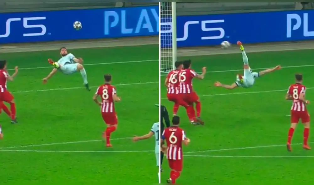 Olivier Giroud marcó el primer tanto de chalaca. Foto: captura/ESPN Olivier Giroud marcó el primer tanto de chalaca. Foto: captura/ESPN