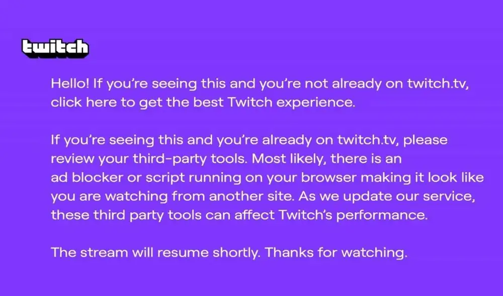 Twitch no tolerará más a las herramientas web para ocultar anuncios publicitarios y mostrará un molesto anuncio de color morado por la duración que omitas. Foto: Twitch