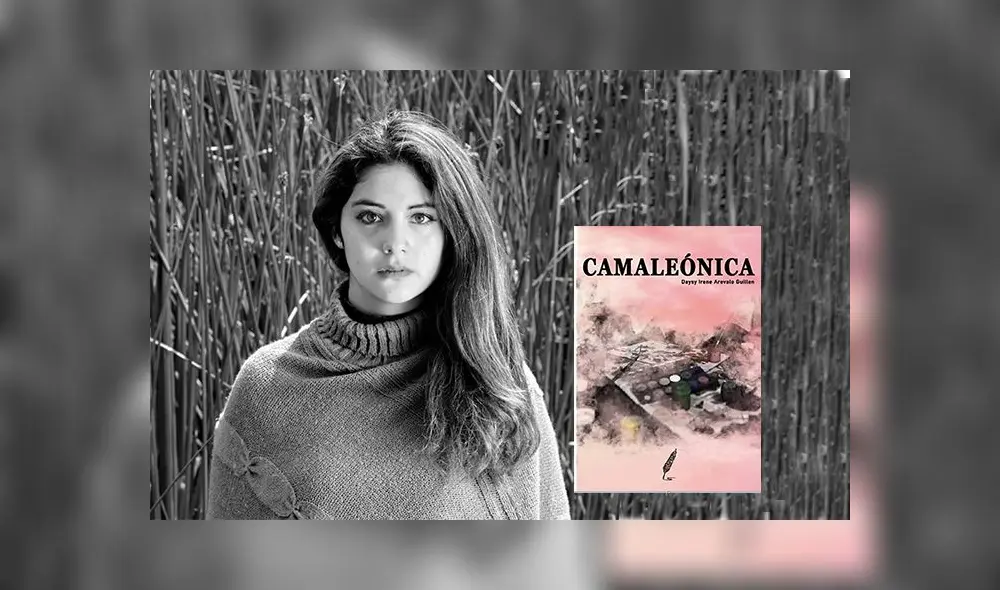 Joven escritora Daysy Irene Arévalo Guillén  junto a la portada de su primera novela "Camaleónica".