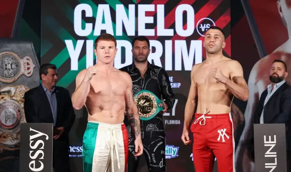 Canelo y Yildirim, cara a cara por el título supermediano del CMB. Foto: AFP Canelo y Yildirim, cara a cara por el título supermediano del CMB. Foto: AFP