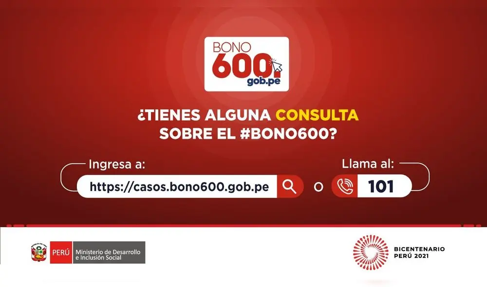 Web y número para realizar consultas y reclamos sobre el bono 600 soles. Foto: Midis/Twitter Web y número para realizar consultas y reclamos sobre el bono 600 soles. Foto: Midis/Twitter