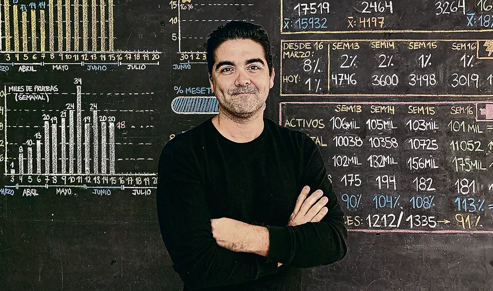 Didáctico. Marco Loret de Mola y la pizarra donde da cuenta de afectados y carencias. Foto: difusión Didáctico. Marco Loret de Mola y la pizarra donde da cuenta de afectados y carencias. Foto: difusión