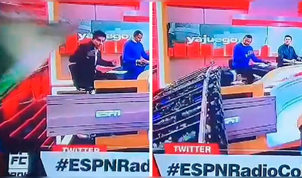 Periodista sufrió duro golpe en programa en vivo. Foto: ESPN Radio Colombia Periodista sufrió duro golpe en programa en vivo. Foto: ESPN Radio Colombia