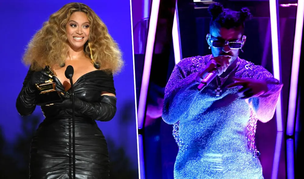 Beyoncé acumuló 28 Grammys en toda su carrera musical, mientras que Bad Bunny obtuvo su primera estatuilla al mejor álbum latin pop/urbano. Foto: composición AFP