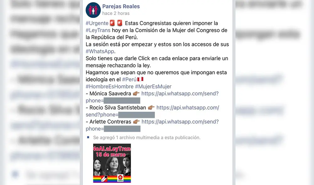 La página Parejas Reales editó la publicación para eliminar los enlaces que derivaban al contacto de WhatsApp de las congresistas. Momentos después, eliminaron el contenido de su página. Foto: captura Facebook Parejas Reales