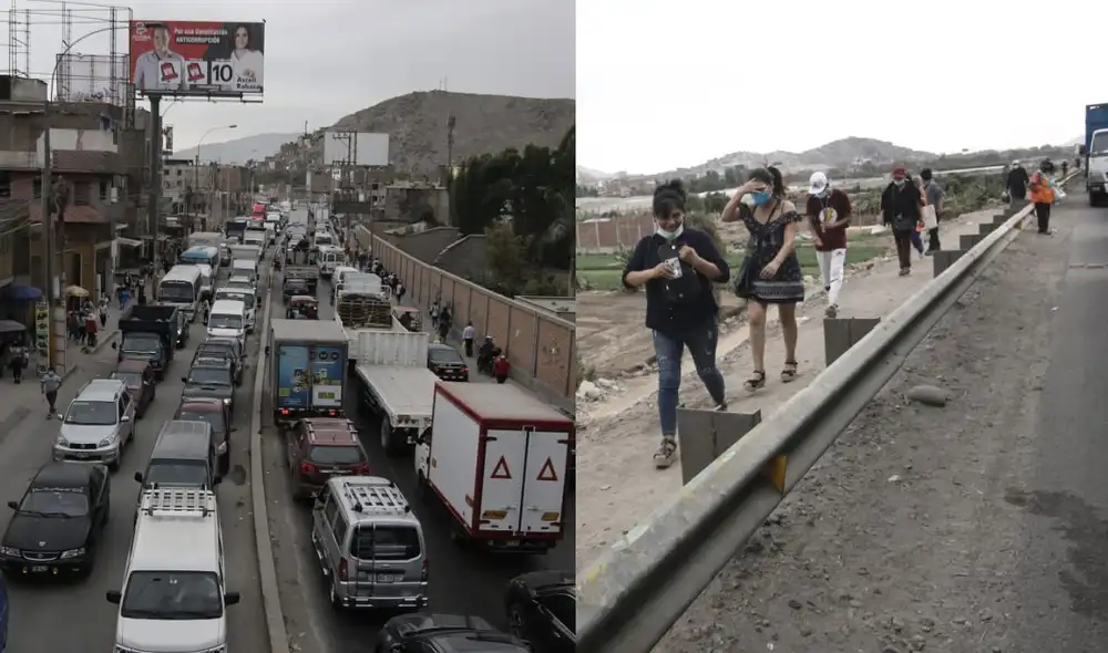 Pasajeros tuvieron que bajarse de los vehículos para continuar sus trayectos. Foto: John Reyes/La República Pasajeros tuvieron que bajarse de los vehículos para continuar sus trayectos. Foto: John Reyes/La República