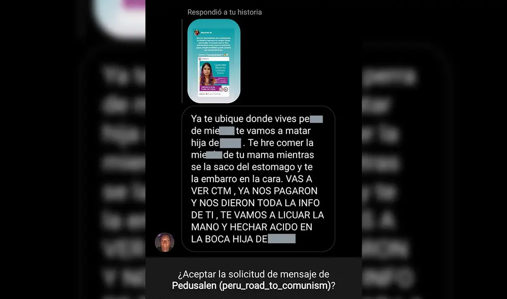 Amenaza de muerte enviada a la periodista Graciela Tiburcio vía Instagram. Foto: Twitter Graciela Tiburcio Amenaza de muerte enviada a la periodista Graciela Tiburcio vía Instagram. Foto: Twitter Graciela Tiburcio