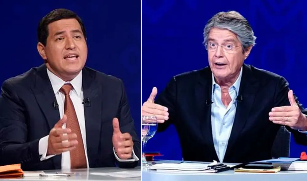 El candidato izquierdista Andrés Arauz y el aspirante de derecha Guillermo Lasso participaron este domingo de un debate presidencial. Foto: EFE